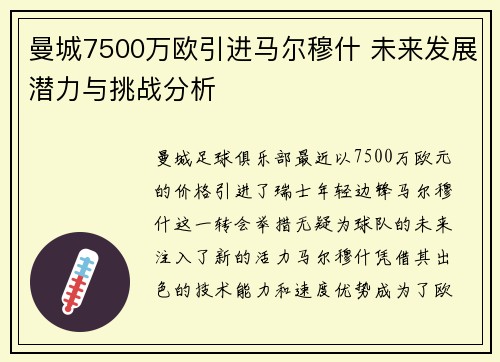 曼城7500万欧引进马尔穆什 未来发展潜力与挑战分析