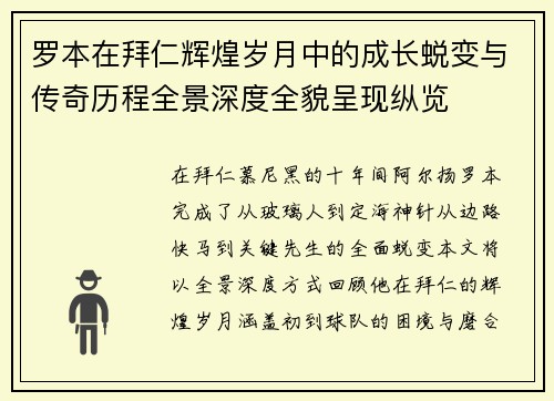 罗本在拜仁辉煌岁月中的成长蜕变与传奇历程全景深度全貌呈现纵览