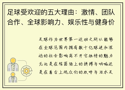 足球受欢迎的五大理由：激情、团队合作、全球影响力、娱乐性与健身价值